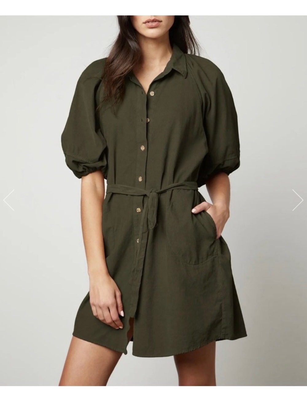 Velvet by Graham & Spencer Olive Green Mini Shirt Dress with Puff Sleeves